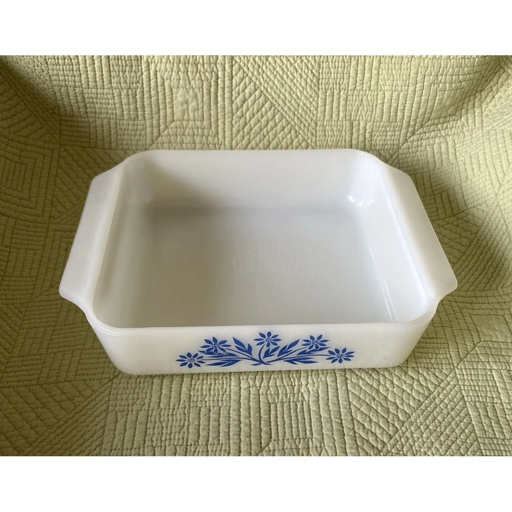 Vtg Anchor Hocking Fire King 8x8 Square Baking Dish #435 White Glass/Blue Flower